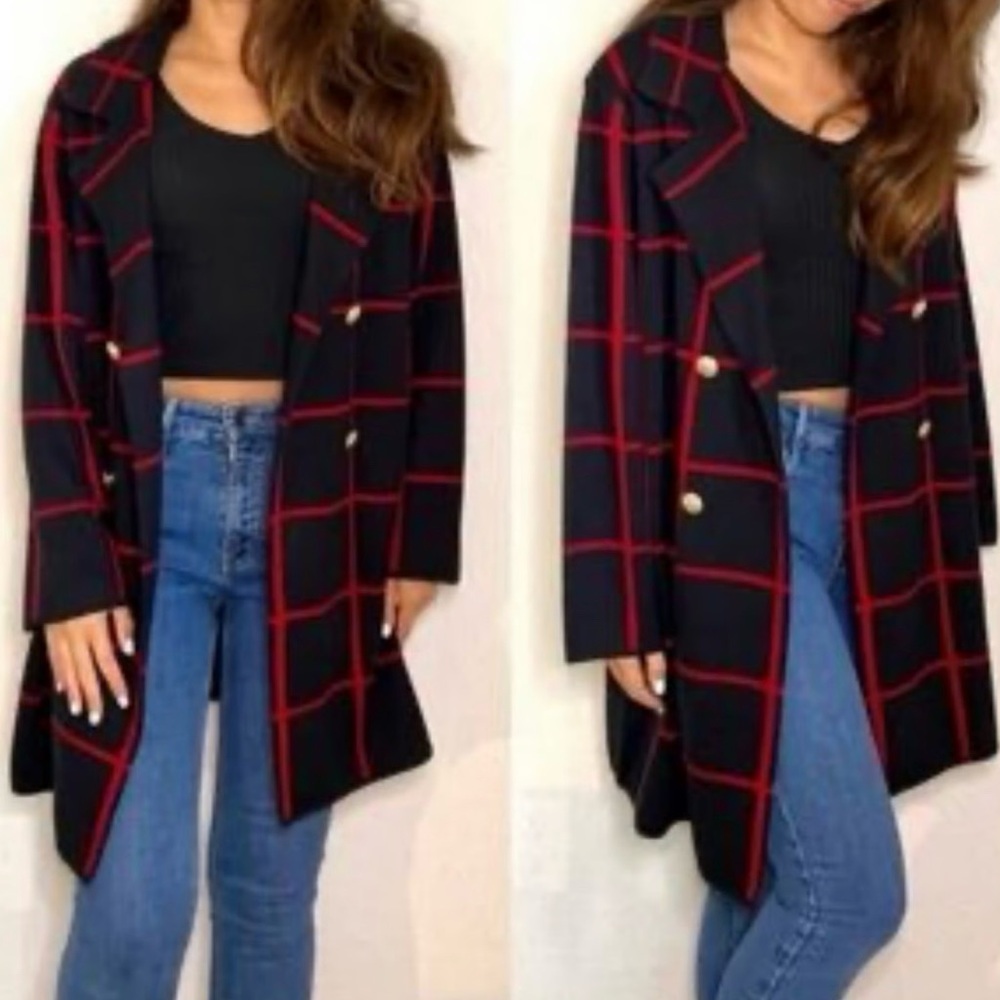 Anne Klein navy and red check open cardigan